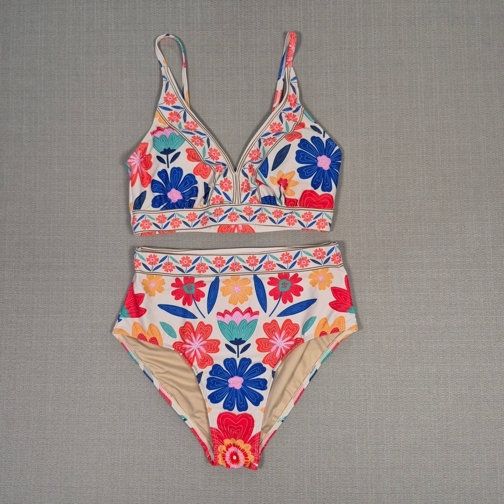 Herseas Floral High Waisted Bikini Set V-Neck Two Piece Swimsuit Multi Color S